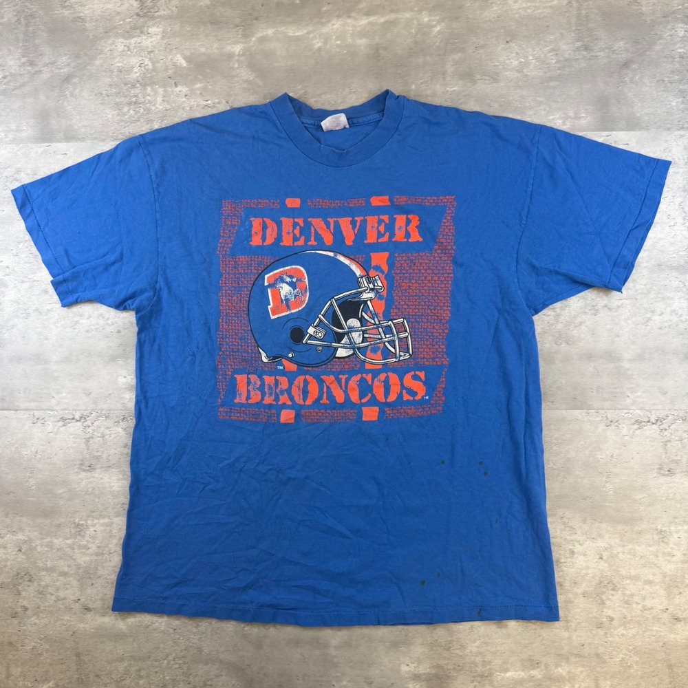 Vintage 90s Denver Broncos Hanes Heavyweight T-Shirt XXL Blue Made in USA Single